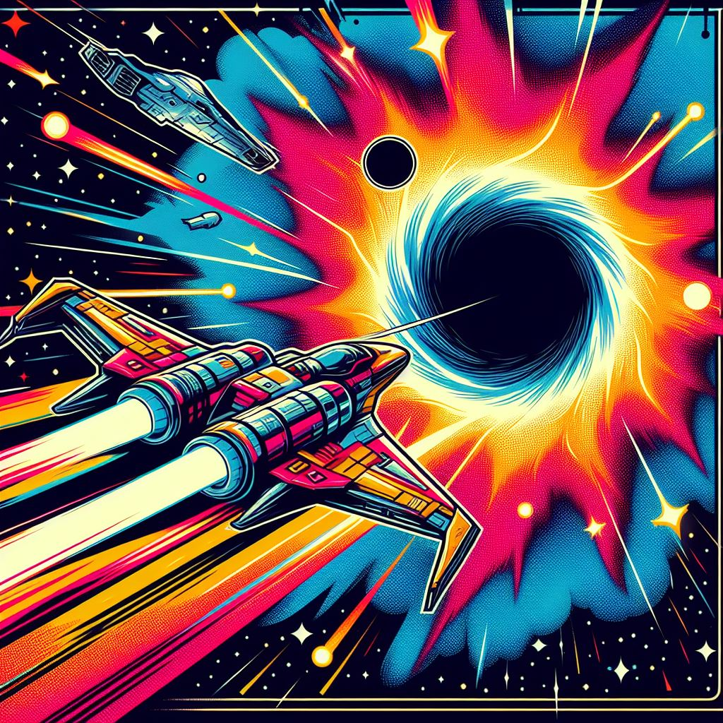Colorful concept art of a spaceship approaching a black hole for Nova Survivors